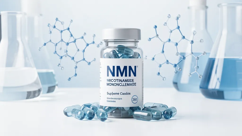 NMN Supplementpulver in einem klaren Glasbehälter
